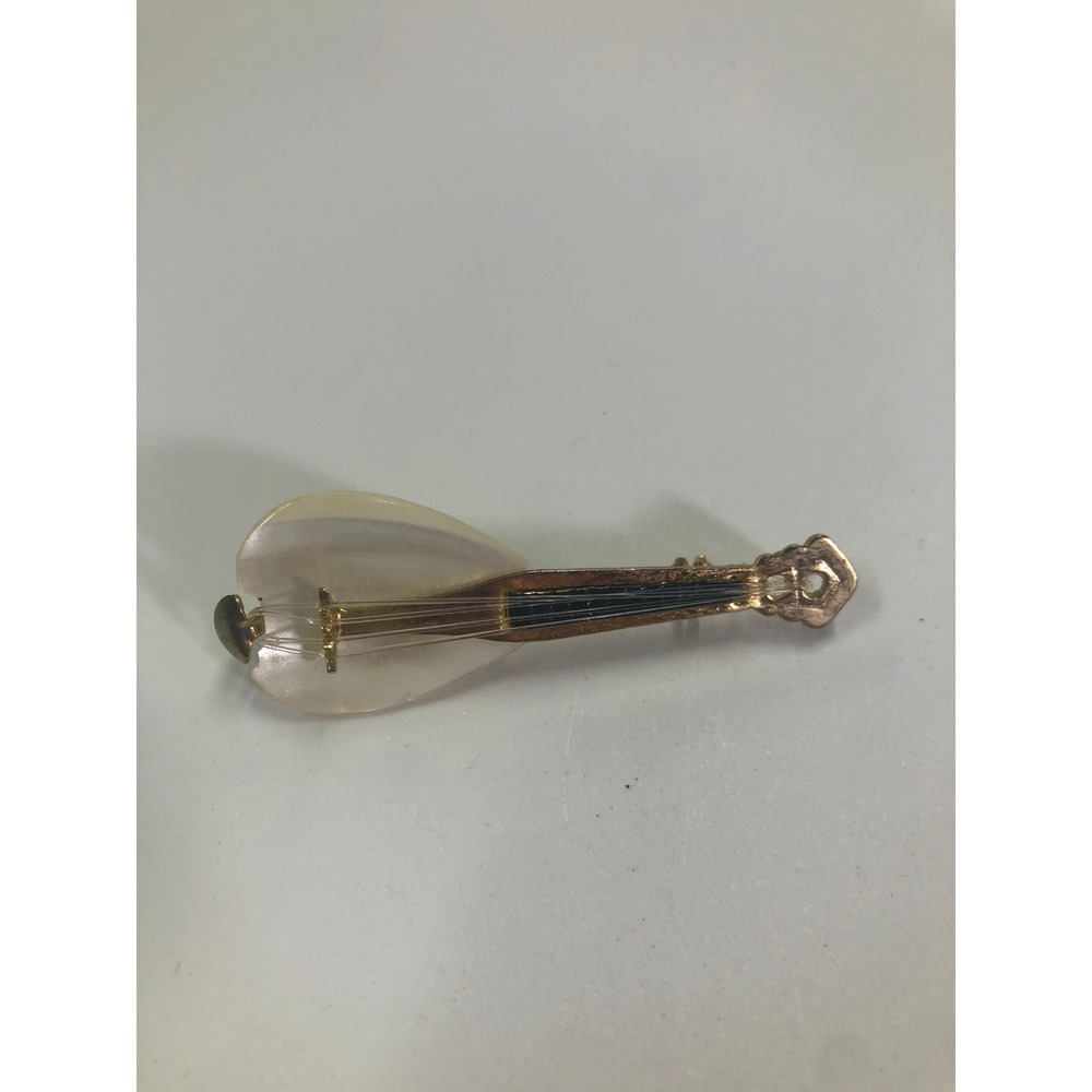 Vintage Mother of Pearl Mandolin Brooch Gold Tone Lute - Picture 2 of 3